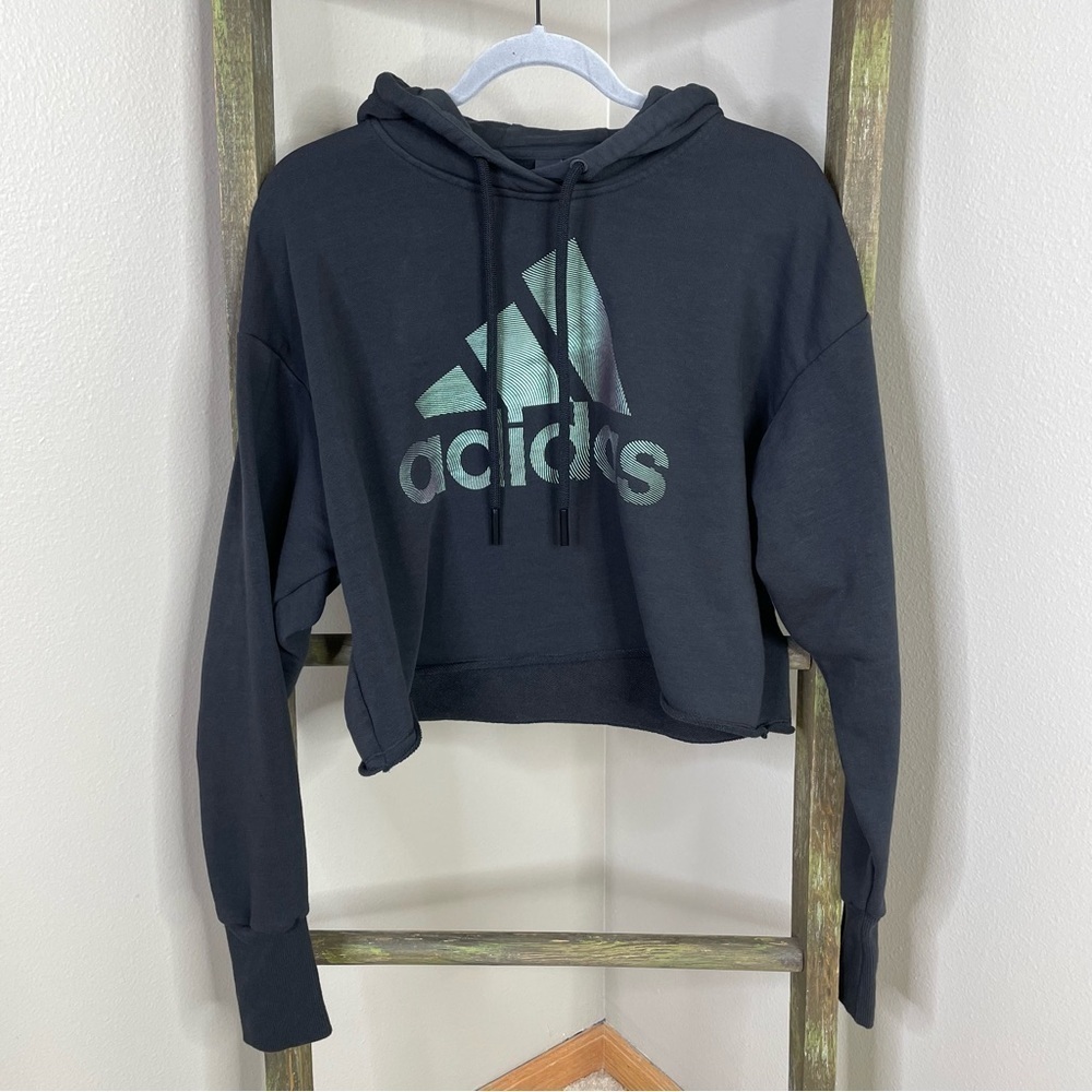 Adidas Holiday Graphic Hoodie Size XS Black Loose Fit Cropped Shimmery Logo Hood